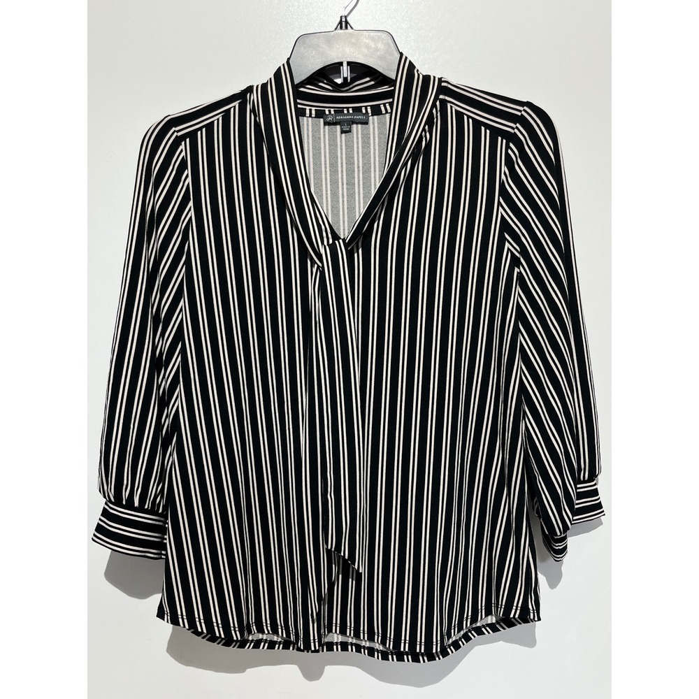 Adrianna Papell Womens Black White Striped Tie Neck 3/4 Sleeve Blouse Top Large
